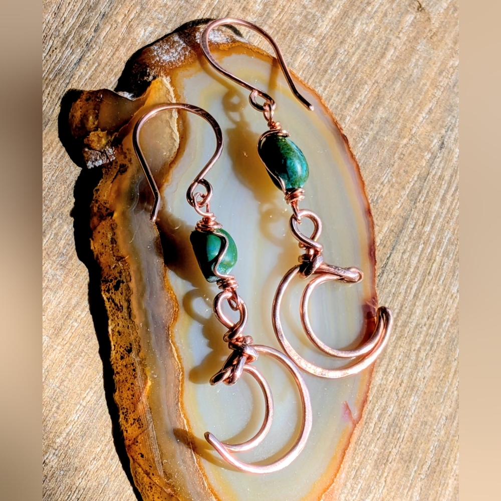 Dreamy Copper Moon Earrings Mediterranean Blue-Green Gemstones - Picture 2 of 12
